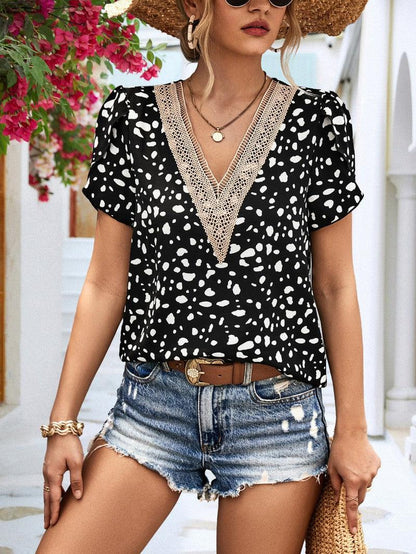 Cheky - Women's V-neck Lace Printed Shirt