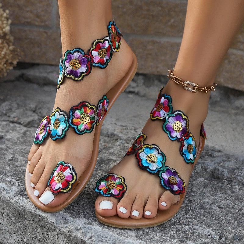 Cheky - Ethnic Style Flowers Flat Sandals Summer Vacation Casual Clip Toe Beach Shoes For Women