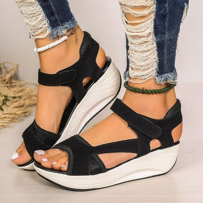 Cheky - Velcro-design Sports Sandals Summer Color-blocked Wedges Breathable Mesh Shoes Summer Fish Mouth Sandals For Women