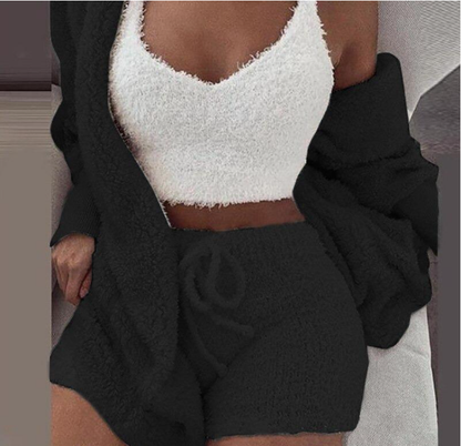 Cheky - Winter Sexy Women Home Wear Suit Casual Pajamas Set Lady Female Soft Warm Long Sleeve Exposed Navel Vest Shorts Set