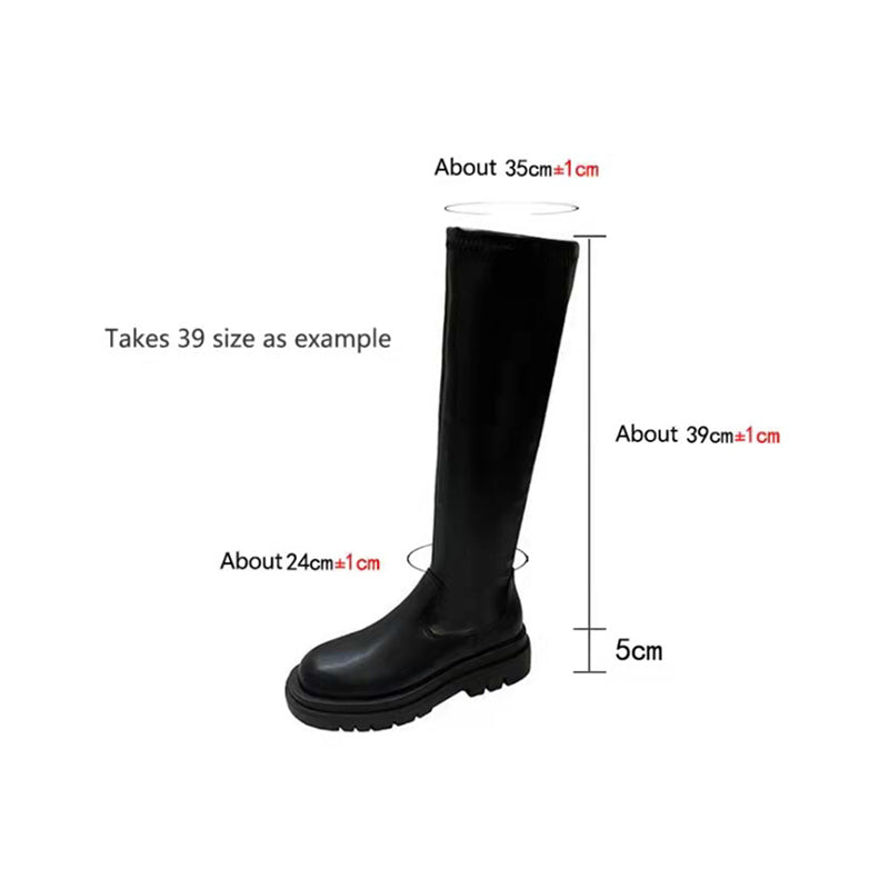 Cheky - Thick Sole Knee High Boots For Women Chunky Heel Black Long Boots Leather Knight Boots Fashion Winter Shoes