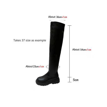 Cheky - Thick Sole Knee High Boots For Women Chunky Heel Black Long Boots Leather Knight Boots Fashion Winter Shoes