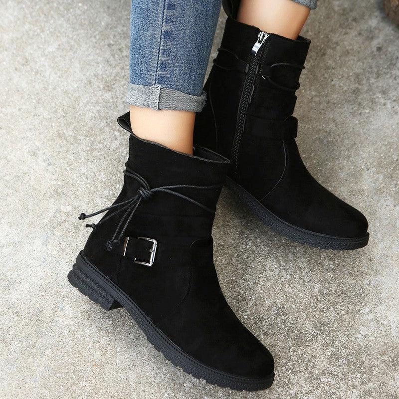 Cheky - Round Toe Side Zipper Low Heel Plus Size Short Boots