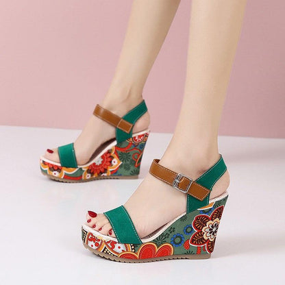 Cheky - Fashion Flowers Embroidered High Wedge Sandals For Women Summer Toe Platform Buckle Shoes