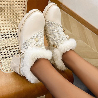 Cheky - Round Toe Thick Square Heel Elegant Boots With Cute Bow Side Zipper Plus Velvet Ankle Boots Winter Warm Plush Shoes For Women