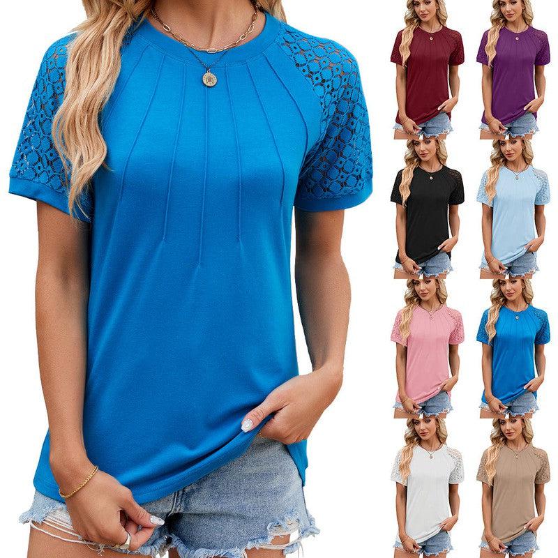 Cheky - Solid Color Round Neck Top Women's Lace Hollow Design Short Sleeve T-Shirt Summer Womens Clothing