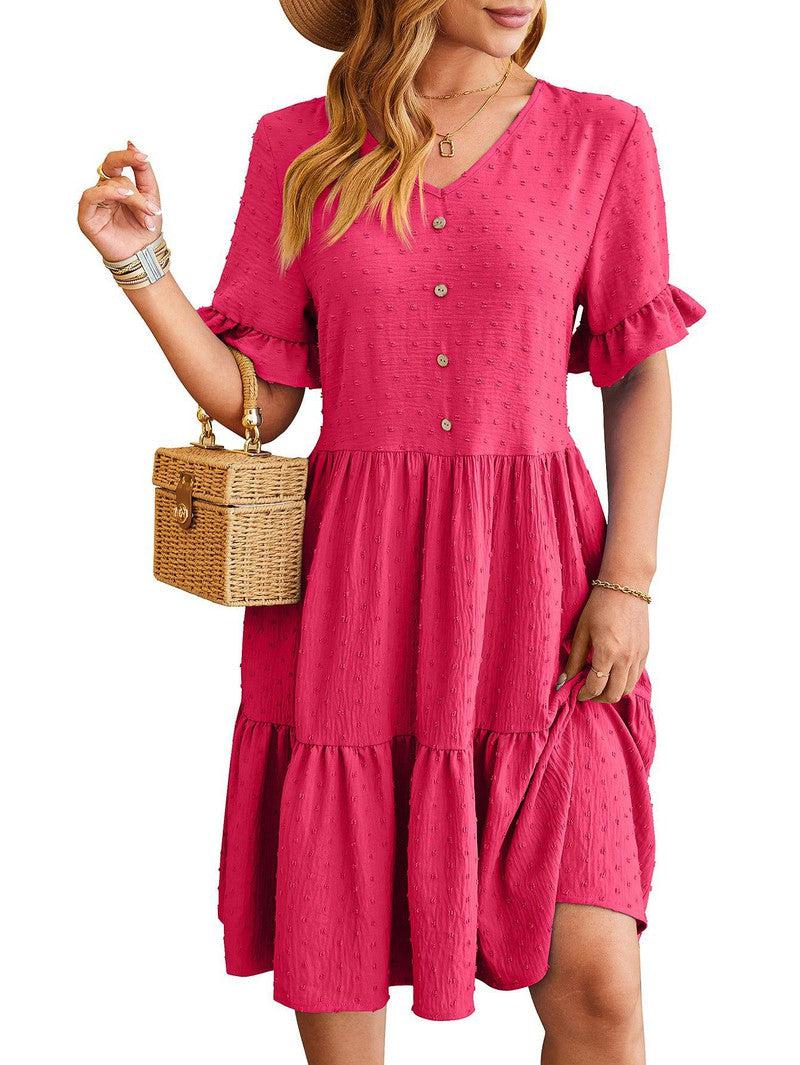 Cheky - New V-neck Ruffle Short-sleeved Dress Summer Casual Fashion Button Jacquard Design Pleated Dresses Solid Color Womens Clothing