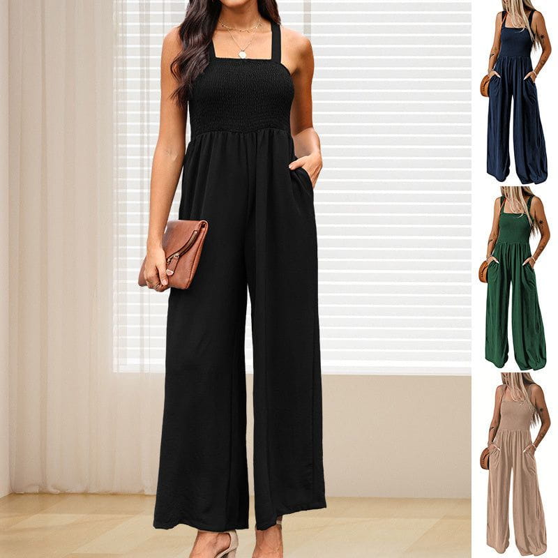 Cheky - Summer Square Neck High Waist Jumpsuit Women's Backless Pleated Design Wide Leg Trousers Clothing