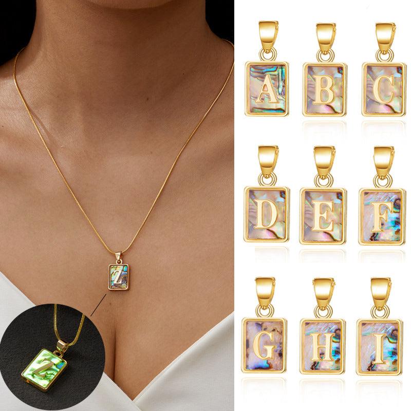 Cheky - 26 Letter Square Necklace Colorful Shell Luminous Pendant Chain Necklace For Women Temperament Ladies Jewelry