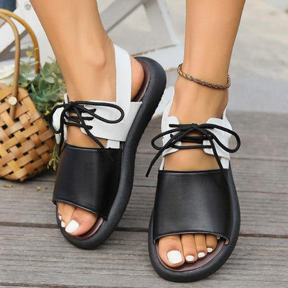 Cheky - Color-block Lace-up Roman Sandals For Women Summer New Fashion Flat Fish Mouth Beach Shoes