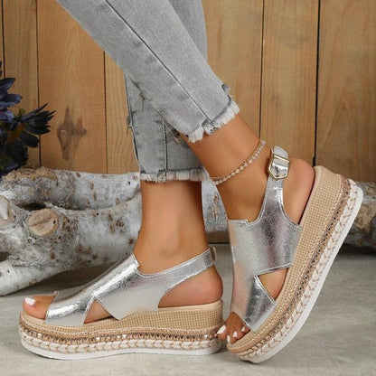 Cheky - Summr Shiny Sandals Hollow Design Fish Mouth Sandal For Women Fashion Buckle Wedges Shoes