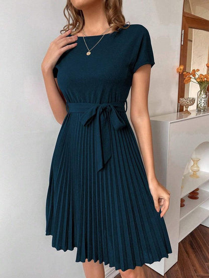 Cheky - Solid Color Belt Pleated Batwing Sleeve Women Long Dress