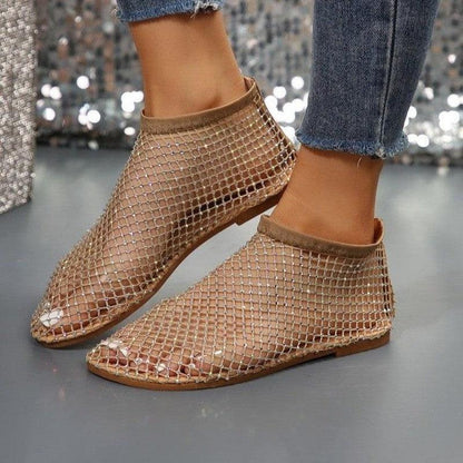 Cheky - New Hollow Flat Sandals With Rhinestone Design Summer Fashion Round Toe Shoes For Women