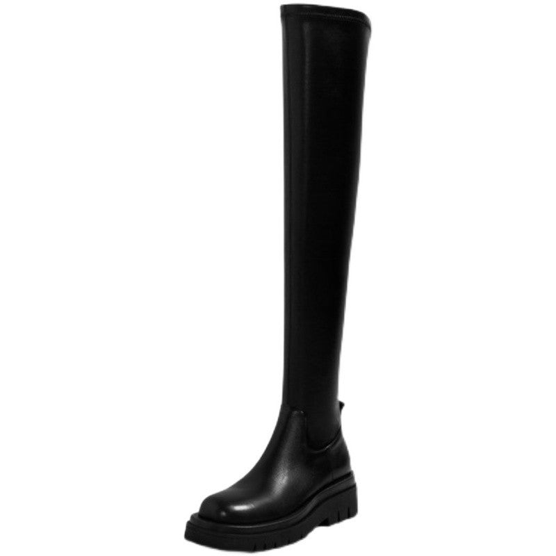 Cheky - Thick Sole Knee High Boots For Women Chunky Heel Black Long Boots Leather Knight Boots Fashion Winter Shoes