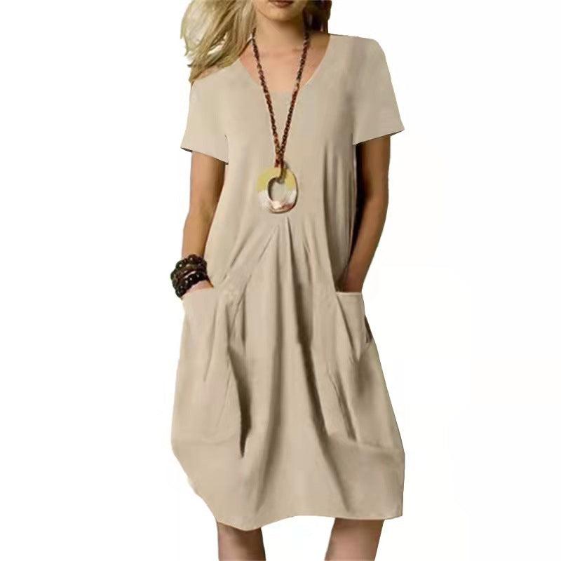 Cheky - Women's Dress With Pockets Cotton Linen Solid Color Loose Round Neck Short Sleeve Dress Summer