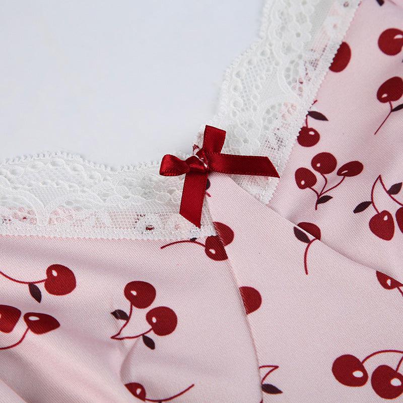 Cheky - Sweet Girlish Cherry Print Lace Splicing Sling Dress