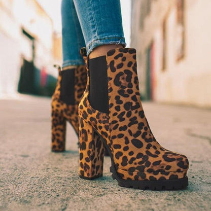 Cheky - Round-toe Ankle Boots Solid Leopard Print Thick Square High Heel Shoes Ladies Casual Fashion Autumn Winter Suede Dress Party Boots