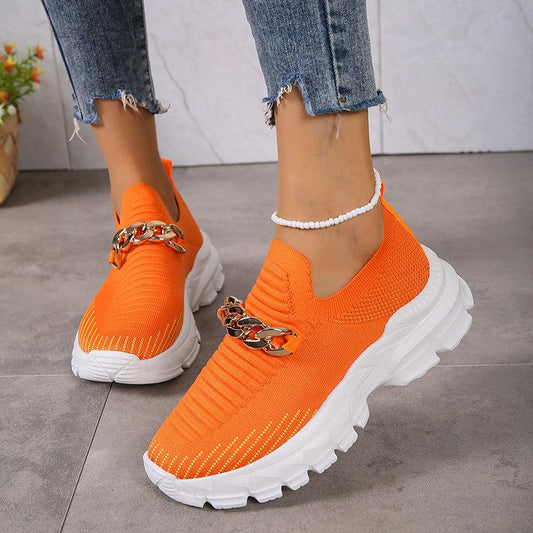 Cheky - Fashion Chain Design Mesh Shoes For Women Breathable Casual Soft Sole Walking Sock Slip On Flat Shoes