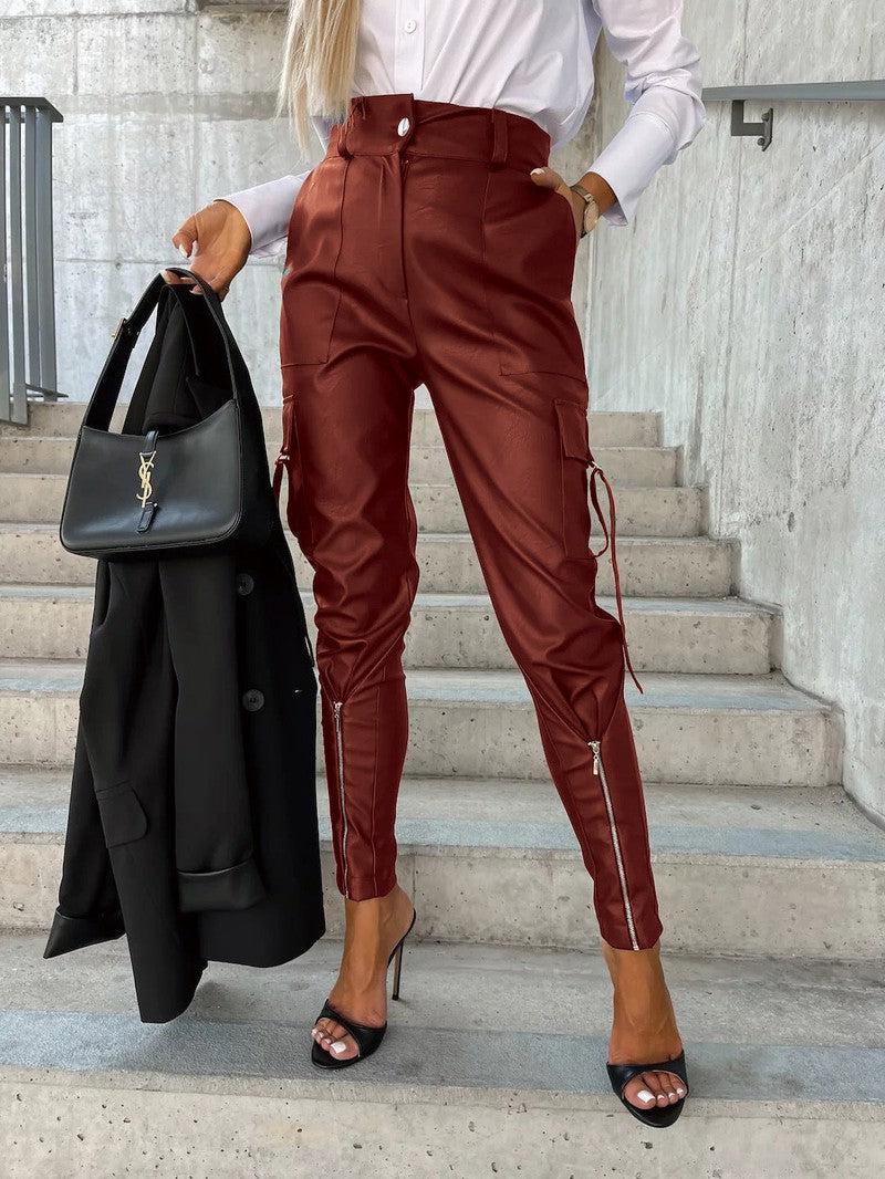 Cheky - Fashion Slim-fitting Leather Trousers Women Waist-cinching Zipper Design Pants With Pockets