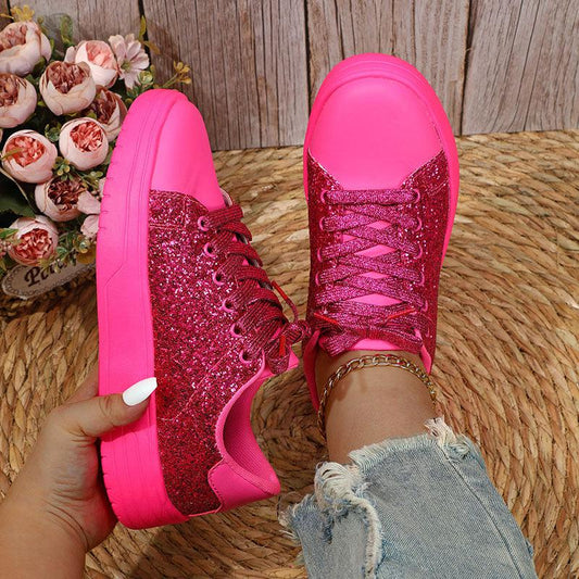 Cheky - Glitter Sequin Design Flats Shoes Women Trendy Casual Thick-soled Lace-up Sneakers Fashion Skateboard Shoes