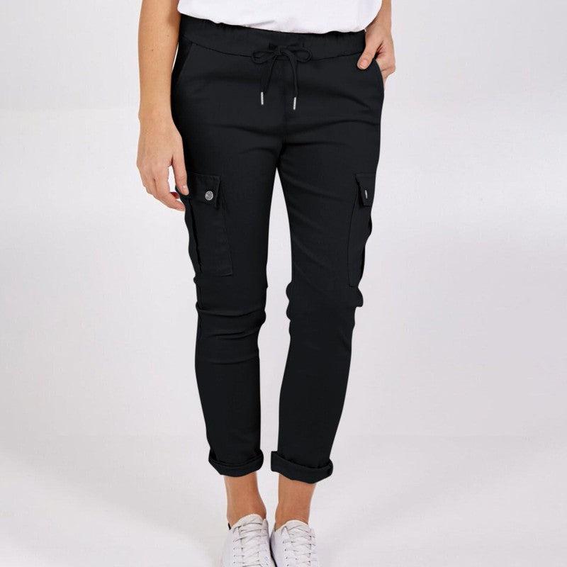 Cheky - Casual Cargo Pants With Pockets Solid Color Drawstring Waist Pencil Trousers For Women