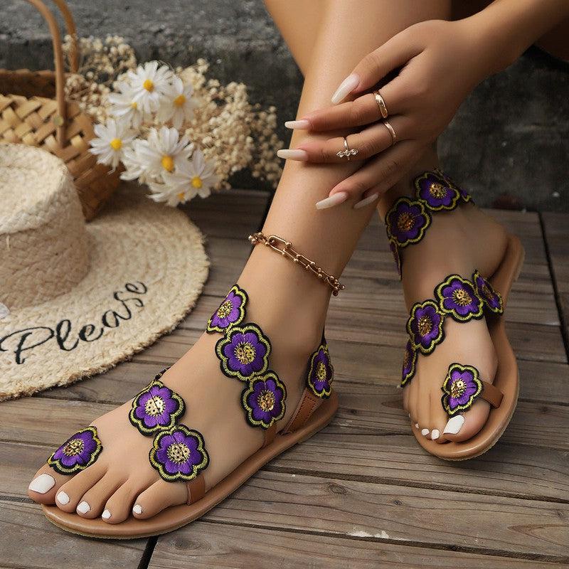 Cheky - Ethnic Style Flowers Flat Sandals Summer Vacation Casual Clip Toe Beach Shoes For Women