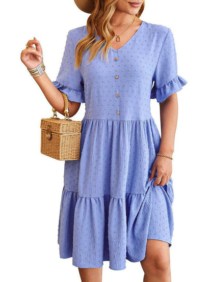 Cheky - New V-neck Ruffle Short-sleeved Dress Summer Casual Fashion Button Jacquard Design Pleated Dresses Solid Color Womens Clothing