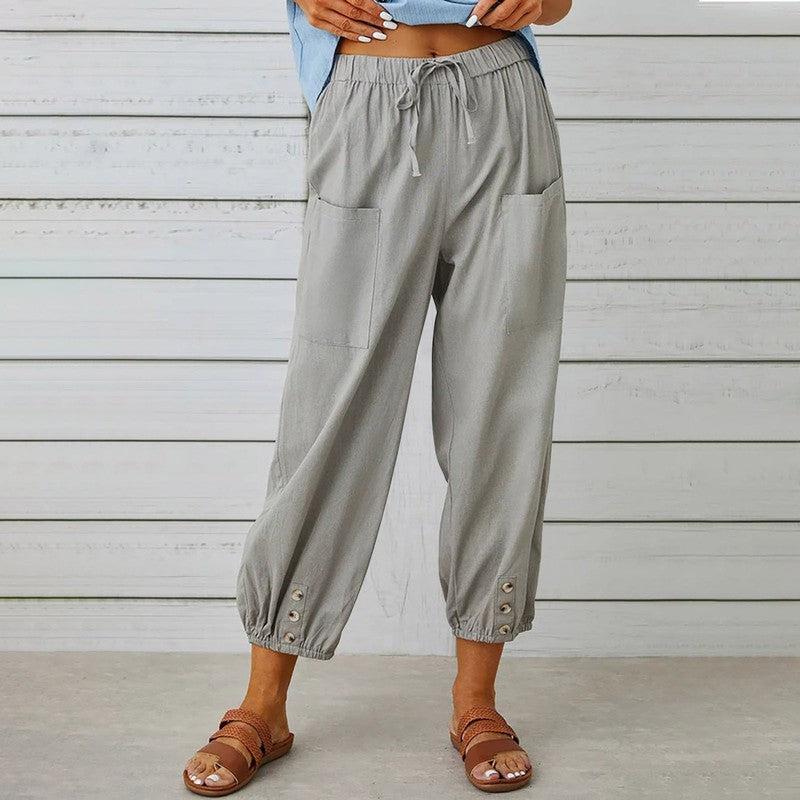 Cheky - Women Drawstring Tie Pants Spring Summer Cotton And Linen Trousers With Pockets Button