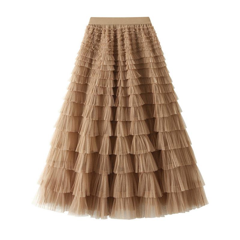 Cheky - A-Line Mesh Ruffle Skirt Women's Temperament Sweet Long Skirt Slim Cupcake Dress Womens Clothing