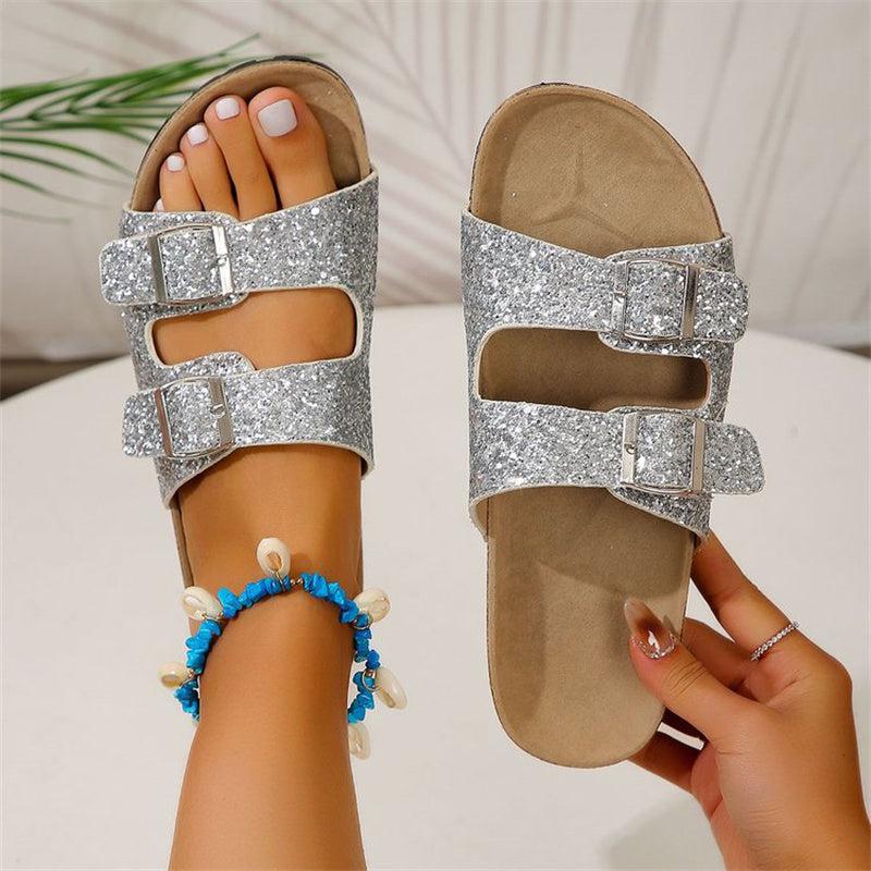 Cheky - Double Buckle Sandals For Women New Fashion Sequined Beach Shoes Summer Leisure Outdoor Slippers Slides