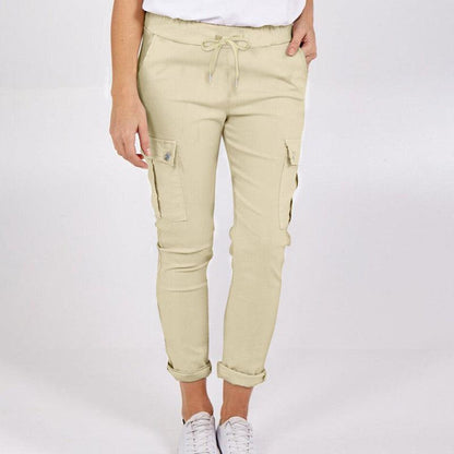 Cheky - Casual Cargo Pants With Pockets Solid Color Drawstring Waist Pencil Trousers For Women