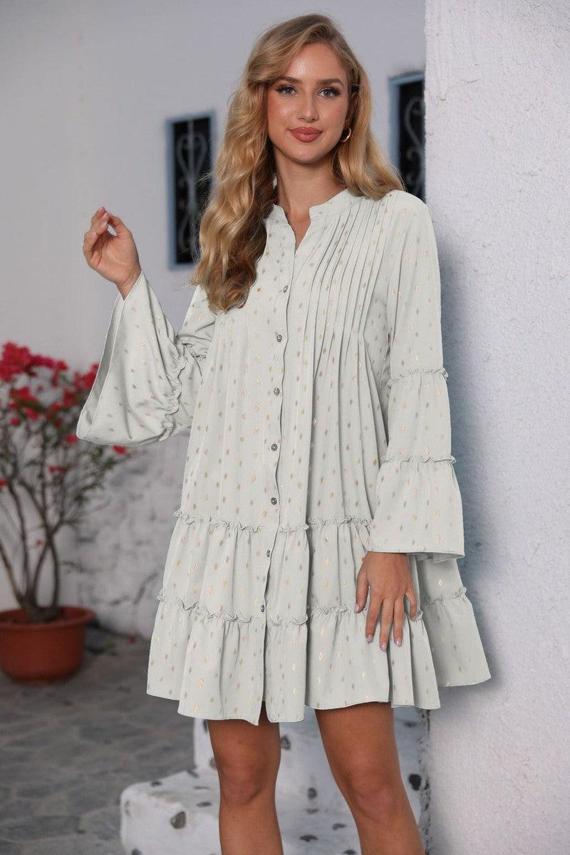 Cheky - New Printed Bronzing Pleated Flared Long Sleeve Dress Summer Button Design Loose Dresses Fashion Womens Clothing