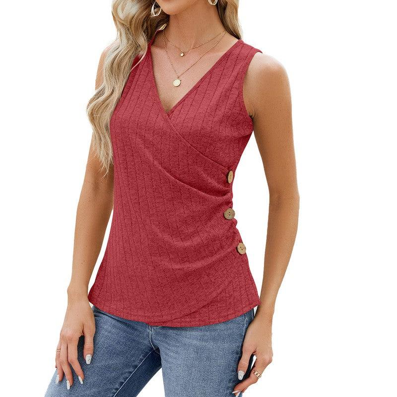 Cheky - Fashion Vest With Button Design New Sleeveless V-neck T-shirt Solid Color Tank Tops Summer Women's Clothing