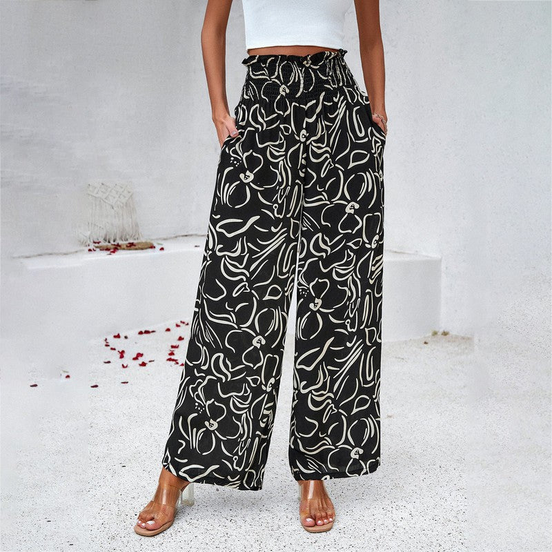 Cheky - Elegant Printed Trousers Summer Loose Elastic High Waist Straight Pants For Beach Vacation Womens Clothing