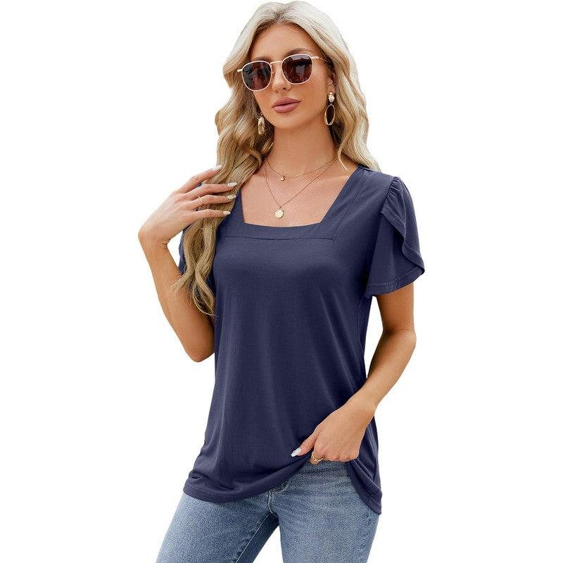 Cheky - Summer Top Fashion Square Neck Printed Short-sleeved T-shirt With Petal Sleeve Design Bohemian Beach Loose T-shirt For Womens Clothing