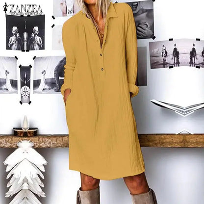 Cheky - ZANZEA Autumn Lapel Neck Long Shirt Dress