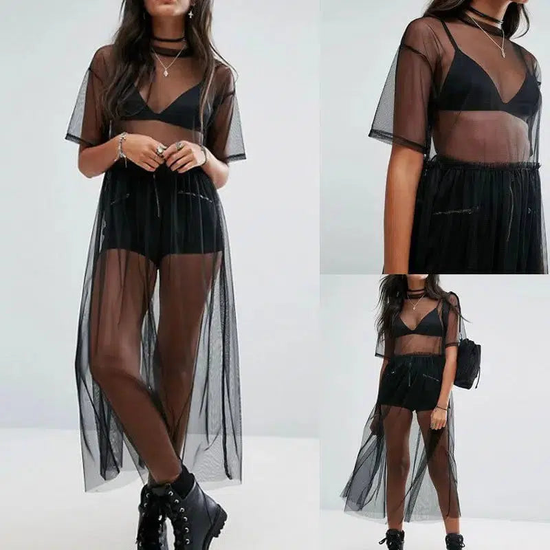 Cheky - Sexy Black Sheer Maxi Dress - See-Through Mesh Evening Wear