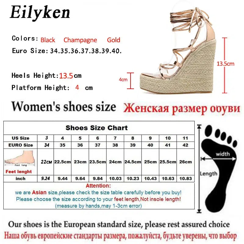 Cheky - Eilyken 2024 New Champagne Gold Wedges Sandals Women Lace-Up Peep Toe Summer High Heels Elegant Ankle Strap Shoes Large Size 42