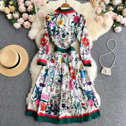 Cheky - Banulin 2021 Spring Autumn Fashion Runway Shirt Dress Women's Long Sleeve Elegant Floral Stripe Print OL Pleated Midi Dress