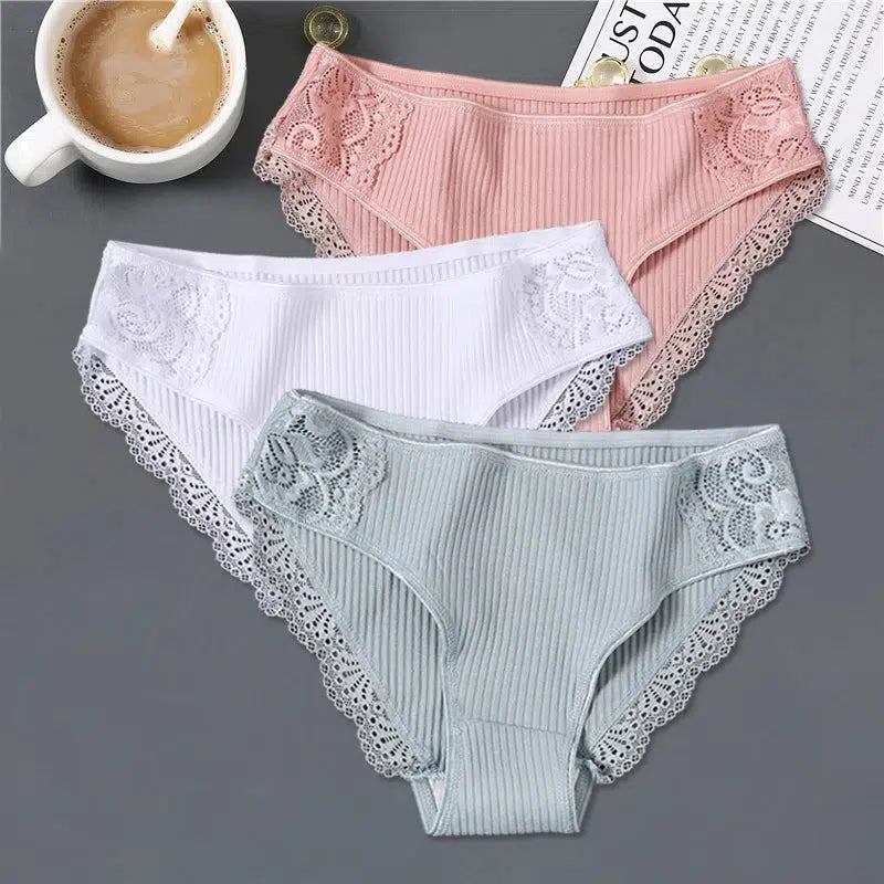 Cheky - FINETOO 3Pcs/set Women Cotton Panties M-2XL Low-Rise Underwear Trendy Patchwork Lace Briefs Female Soft Underpants Lingerie 2022