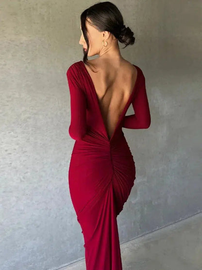 Cheky - Backless Maxi Dress Elegant Red Long Sleeve Sexy Ruched Bodyocn Evening Party Dress for Women Spring Slim Christmas Outfits