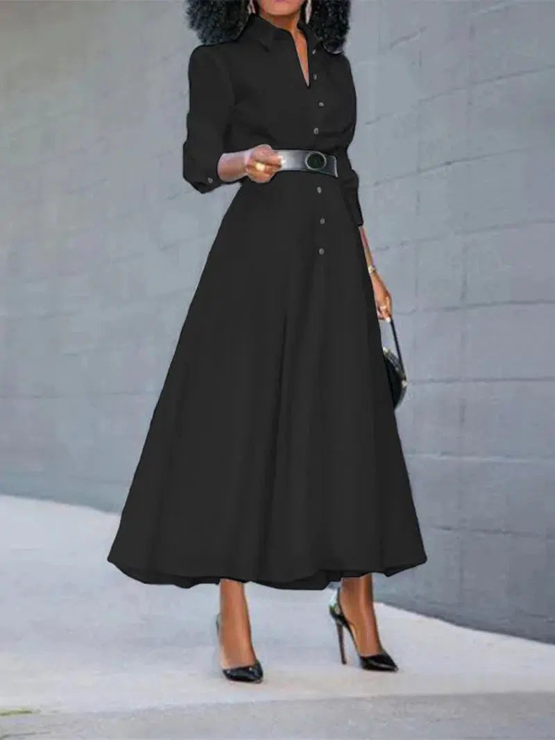 Cheky - VONDA Long Dress Casual Women Summer Long Sleeve Party Robe Split Shirt Vestido Buttons Vintage Street Solid Loose Sundress