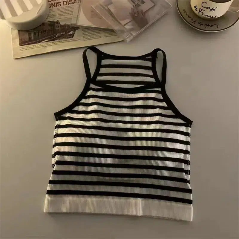 Cheky - Korean Version Women Tank Tops Thread Solid Casual Fashion Crop Top with Chest Pad Stripe Sleeveless Outer Wear Basic Camisole