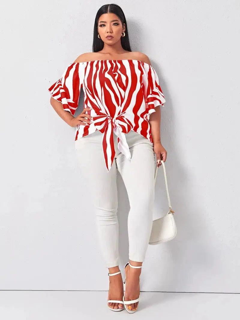 Cheky - Finjani Red Panel Blouse Barrel Neck Bell Sleeves Striped Tops Loose Lace up Elegant Plus Size Women's Blouses