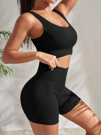 Cheky - Seamless Ribbed Yoga Sets Workout Sets for Women 2 Pieces Gym Suits Ribbed Crop Tank High Waist Shorts Outfits Fitness Running