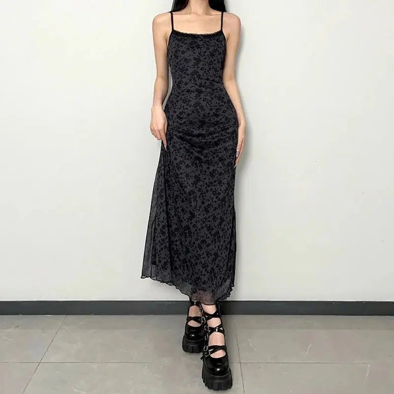 Cheky - Vintage Spaghetti Strap Maxi Dress - Grunge Streetwear