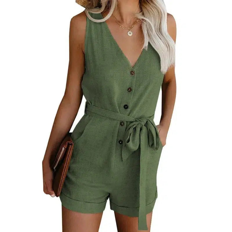 Cheky - Women's Casual V-neck Monochromatic Jumpsuit, Five-Point Shorts, European and American, Summer, New, 2024