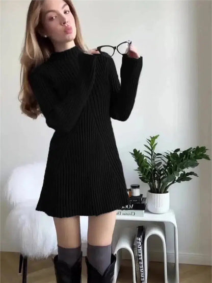 Cheky - Elegant Solid Ribbed Knitted Short Dress For Women Long Sleeve O Neck Mini Dresses Fashion Autumn Lady Party Club Vestidos