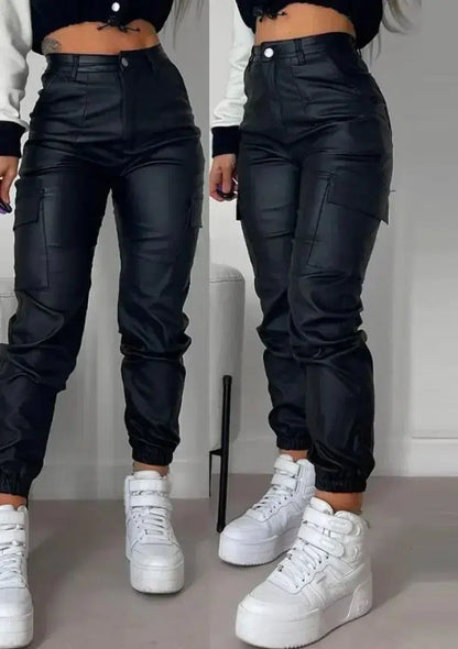 Cheky - Women Elegant Harajuku Streetwear Black Cargo Pants Motorcycle Pu Leather High Waist Harem Jogger Trousers Clothes