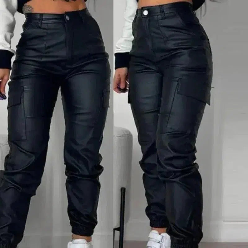 Cheky - Women Elegant Harajuku Streetwear Black Cargo Pants Motorcycle Pu Leather High Waist Harem Jogger Trousers Clothes